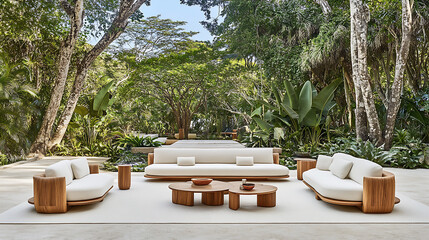 Elegant outdoor lounge area with modern wooden furniture and lush greenery