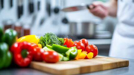 Fresh vegetables prepared by chef in a professional kitchen