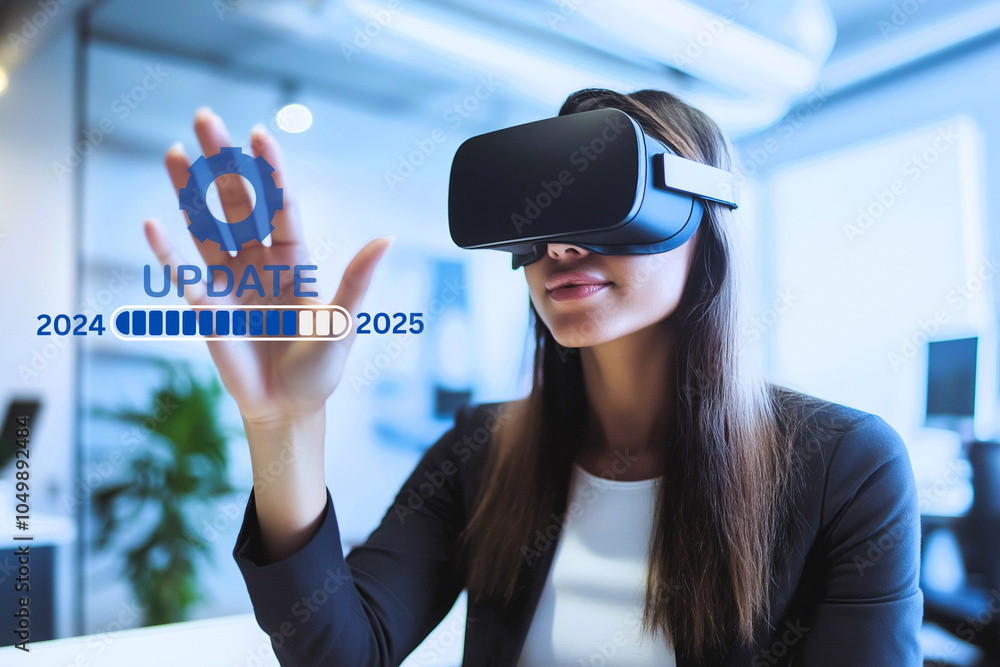 Poster businesswoman using vr headset to visualize progress bar updating from 2024 to 2025.generative ai il