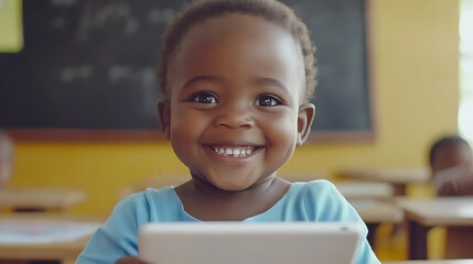 Smiling African child using a tablet in a classroom