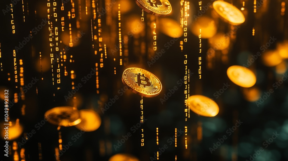 Poster this artwork features shimmering gold coins cascading through a vibrant digital binary backdrop, sym