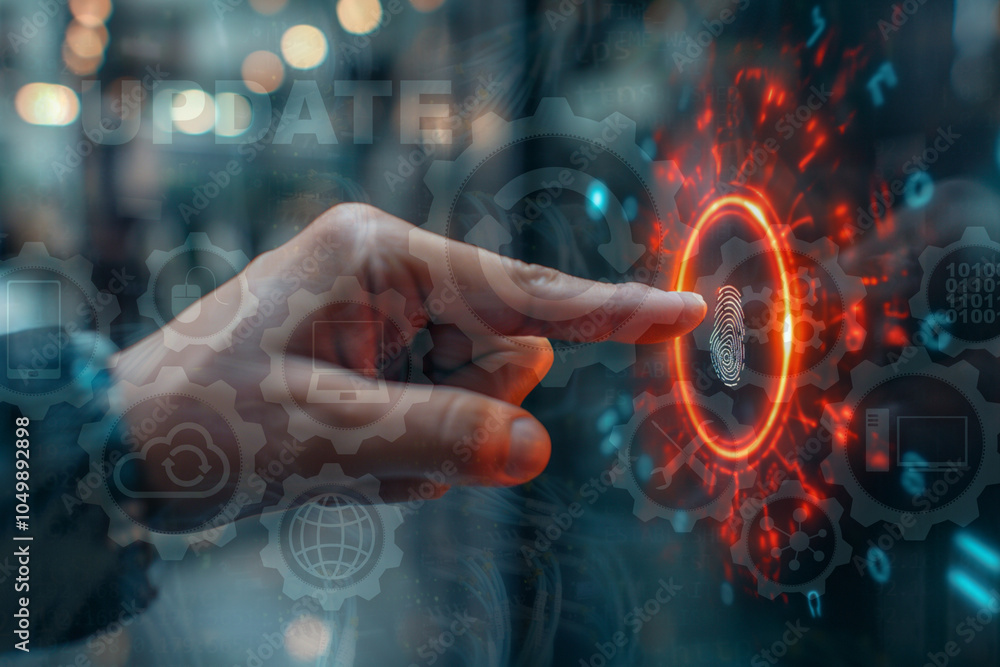Poster a hand reaches towards an illuminated glowing circle surrounded by digital data and icons, symbolizi