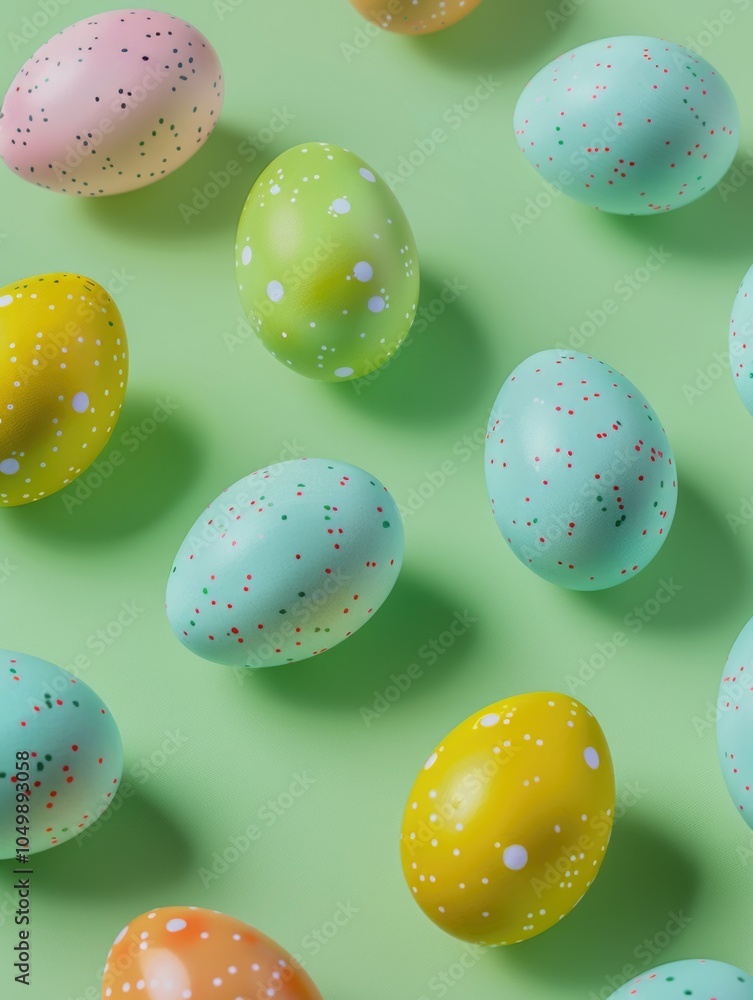Aufkleber bunch of colorful eggs with white spots on them. the eggs are arranged in a pattern on a green backg
