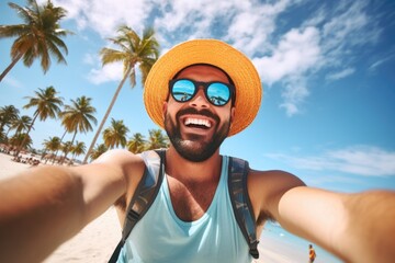 Man wearing a yellow hat and sunglasses is smiling and taking a selfie on a beach. Concept of happiness and relaxation, as the man is enjoying his time at the beach