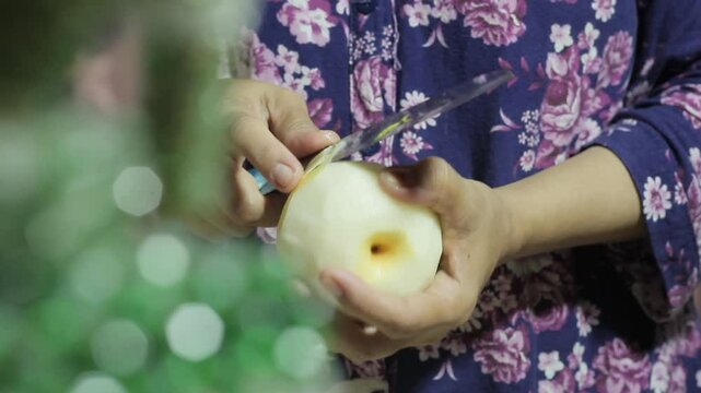 Pyrus communis, peeling pears, an ingredient for making fruit salads.