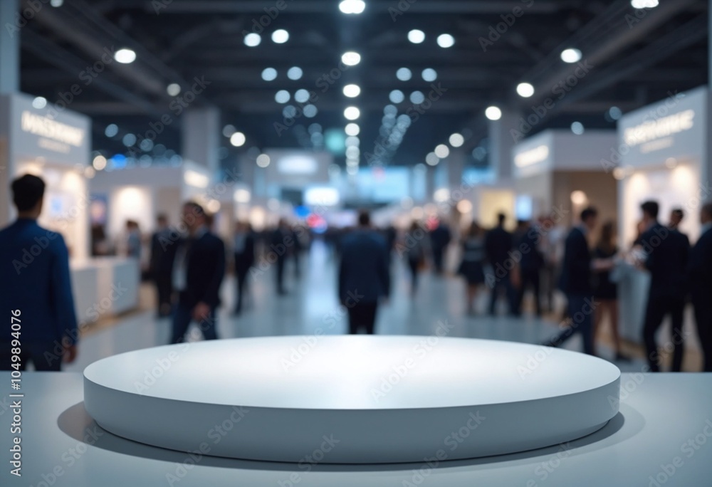 Poster empty round podium with blurred background of a bustling trade show with visitors and exhibition sta