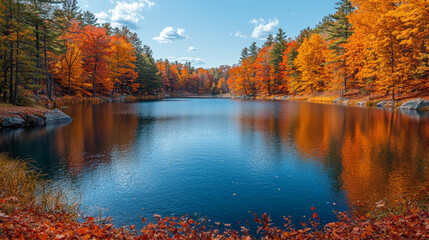 Obraz premium A breathtaking, realistic landscape photograph capturing the vibrant fall colors of Canadian lakes and forests. Generative AI