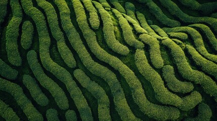 Scenic aerial view of Muzangchai tea plantations, highlighting the geometric