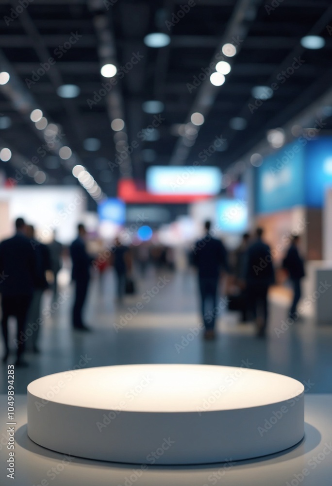 Poster empty round podium with blurred background of a bustling trade show with visitors and exhibition sta
