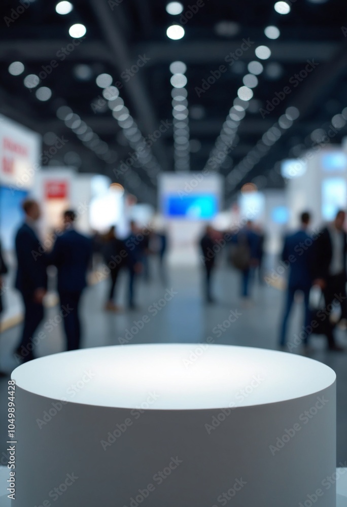 Poster empty round podium with blurred background of a bustling trade show with visitors and exhibition sta