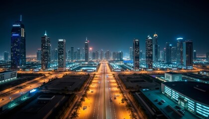 Obraz premium Bright cityscape at night illuminated skyscrapers and highways urban development