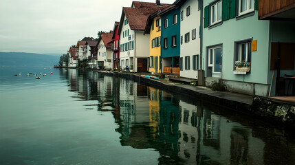 Obraz premium Colorful houses reflected in the still water of a canal, reflection, buildings, architecture, row of houses, row of buildings