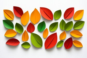 Colorful leafy pattern with green, yellow leaves. leaves are arranged in a way that creates a sense of movement. Autumn paper style. Small autumn wallpaper with falling leaves made of paper.
