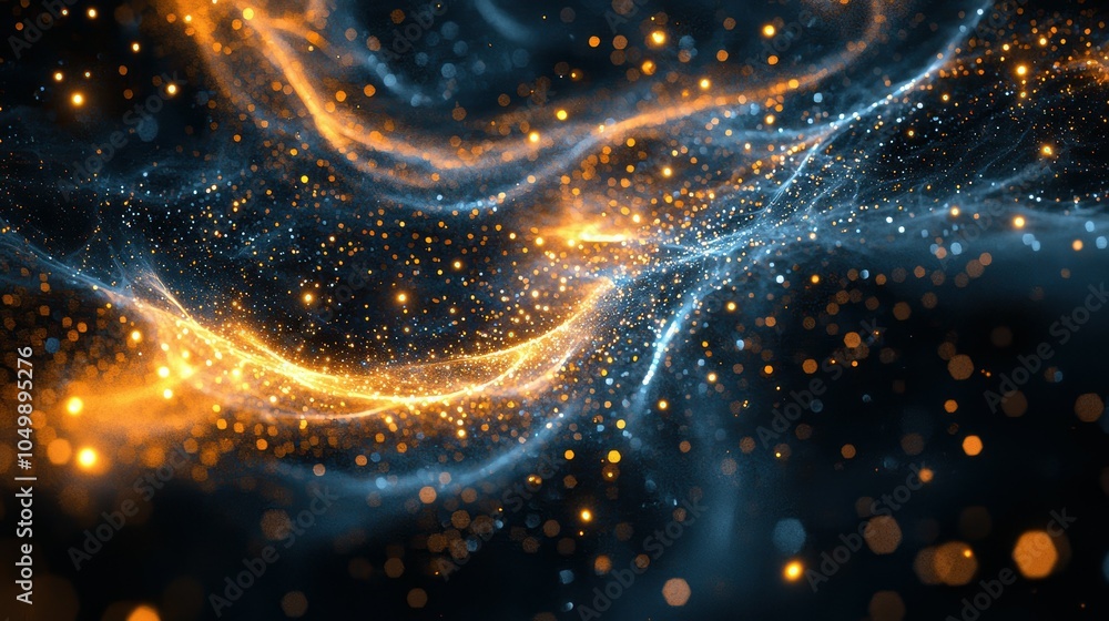 Poster exploring the depths of shimmering gold and deep navy particles in motion