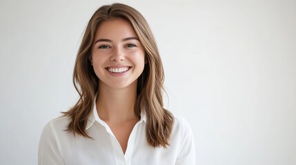 Fototapeta premium Portrait of cheerful young blonde woman wearing white shirt smiling looking at camera on white background