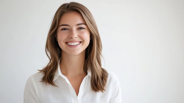 Portrait of cheerful young blonde woman wearing white shirt smiling looking at camera on white background