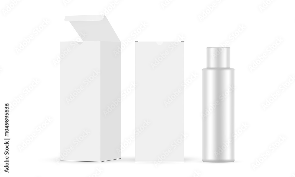 Poster rectangular pack boxes with tall plastic bottle, front and side view, opened and closed lid. vector 
