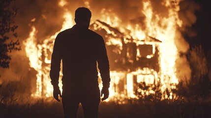 Fototapeta premium A dramatic silhouette of a man stands before a raging fire engulfing a house, illuminating the dark night with flames and smoke, conveying destruction and chaos that captures attention