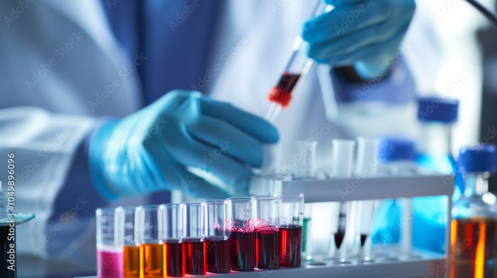Poster a close-up of a researcher analyzing blood samples with a focus on the samples and lab equipment, se