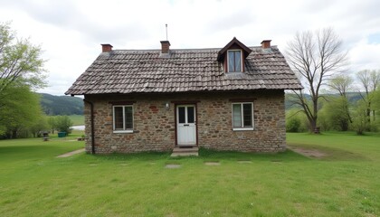 Obraz premium Cozy cottage nestled in a serene grassy field