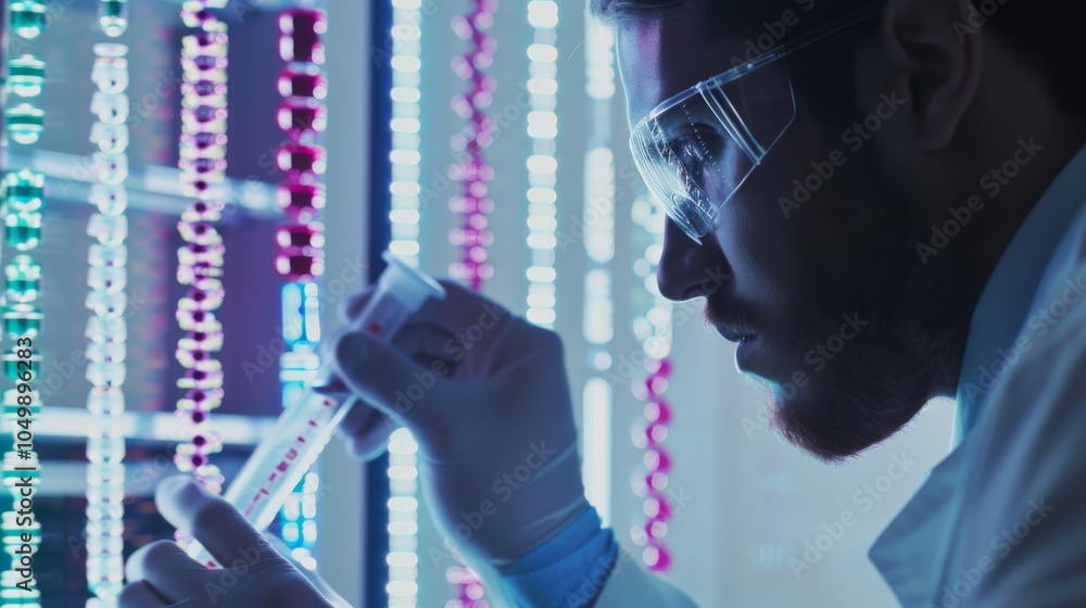 Poster A close-up of a researcher examining a DNA sequence with a focus on the molecular structures and laboratory equipment, set against a clean, bright lab environment