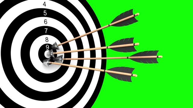 3d animation of arrows hitting the target, rendered over green screen