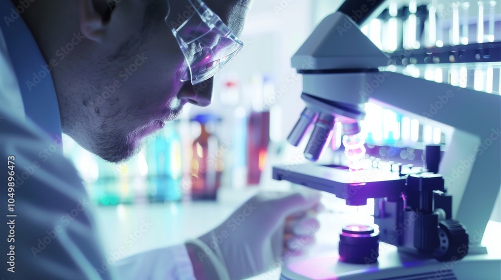 Fototapete a close-up of a researcher examining a dna sequence with a focus on the molecular structures and lab
