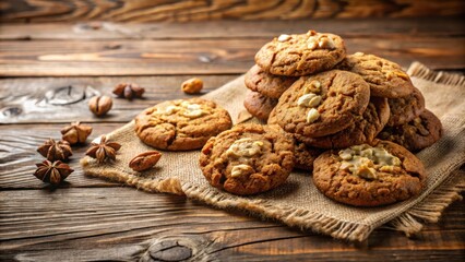 Fototapeta premium A Delicious Assortment of Buttery Cookies with White Chocolate Chips Resting on a Rustic Burlap Placemat
