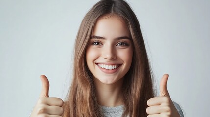 Cheerful young woman standing with big smile giving thumbs up on grey background