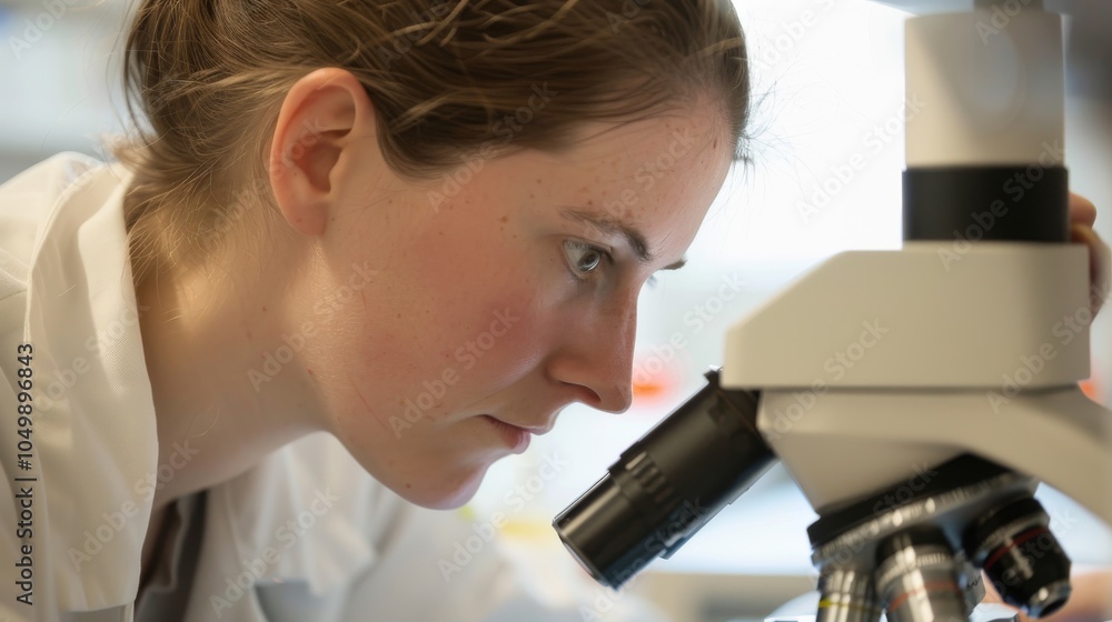 Poster A close-up of a researcher examining a microscope slide with focus on the microscopic details and lab equipment, set against a bright, clean laboratory background