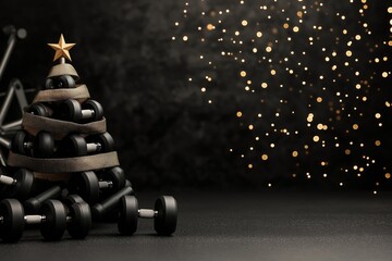 A creative Christmas tree made of stacked dumbbells wrapped with resistance bands and topped with a star, symbolizing fitness during the holiday season, set against a festive background