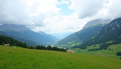  Serene mountain valley under a cloudy sky