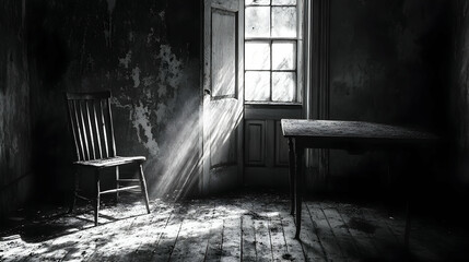 Abandoned Room with Sunbeams, house, home, interior, chair, table