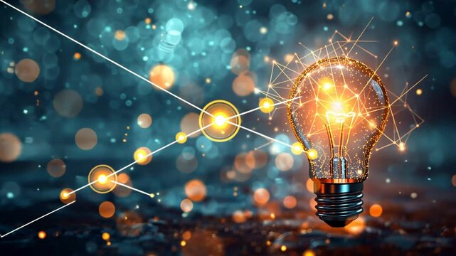 Illuminated Innovation: A glowing light bulb bursts with energy, connected by a network of lines and dots, symbolizing the interconnected nature of ideas and the power of innovation.