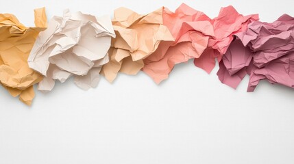crushed wrinkle torn strips pieces of paper, Many different colors isolated on white background, copy space