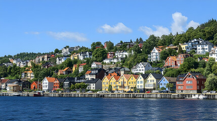 Fototapeta premium Colorful Houses on a Hillside by the Sea, seaside, harbor, waterfront, ocean, sky