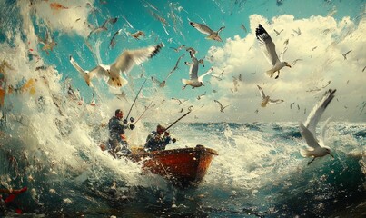 Fototapeta premium Two fishermen in a boat surrounded by seagulls.