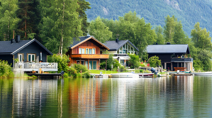 Obraz premium Waterfront Cabins in Norway, cottage, cottages, lake, lakefront, scandinavia