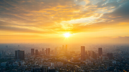 Fototapeta premium Golden Sunset Over Cityscape, buildings, skyscrapers, horizon, clouds, yellow