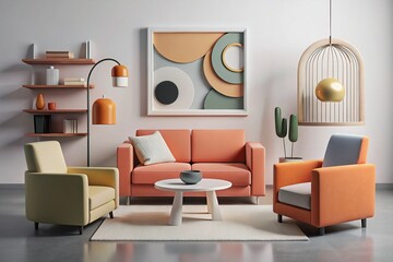 Fototapeta premium Modern minimalist living room, abstract geometric art, large orange armchair, white sofa, black coffee table, sculptural lamp, textured rug, bright natural light, muted color palette with pops 