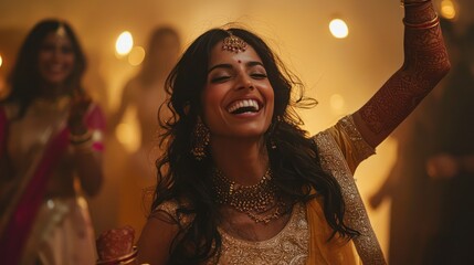 A candid moment of an Indian bride dancing joyfully at her wedding reception, embodying celebration and happiness