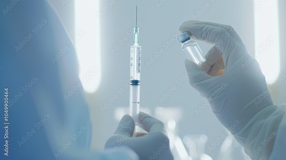 Poster a close-up of a vaccine syringe being prepared by a healthcare worker with a focus on the syringe an