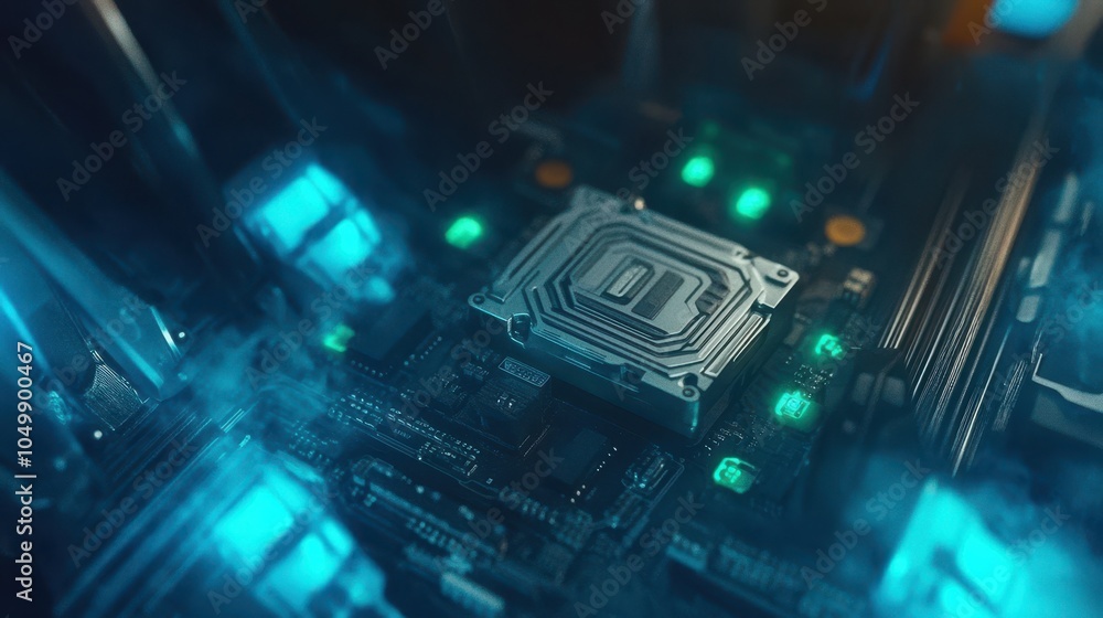 Poster a close-up shot of a cpu on a complex mainboard, with surrounding circuits glowing in blue and green