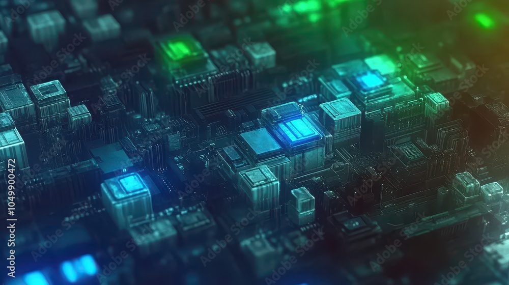 Poster a close-up view of a mainboard, highlighting a shining cpu with beams of light, symbolizing the stre