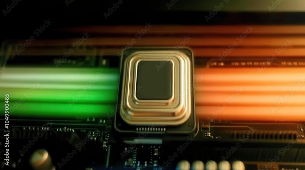 Poster a close-up view of a mainboard, highlighting a shining cpu with beams of light, symbolizing the stre