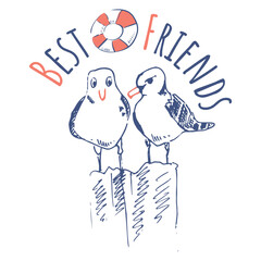 Fototapeta premium Friends two seagulls. Best comrades birds sit on the pier. Inscription and lifebuoy. Help each other. Vector image for a T-shirt, sticker, design.