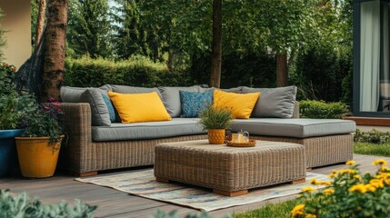 Fototapeta premium Stylish backyard patio with a sleek sectional sofa, colorful cushions, and a low coffee table