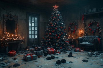 Dark emo Christmas room with a blackened