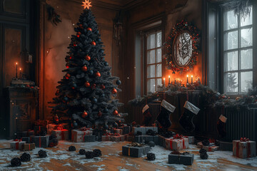 Dark emo Christmas room with a blackened