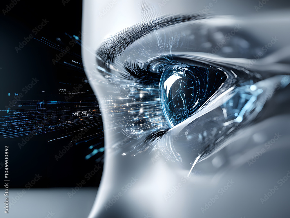 Poster close-up of robotic eye with digital interface representing artificial intelligence and futuristic v